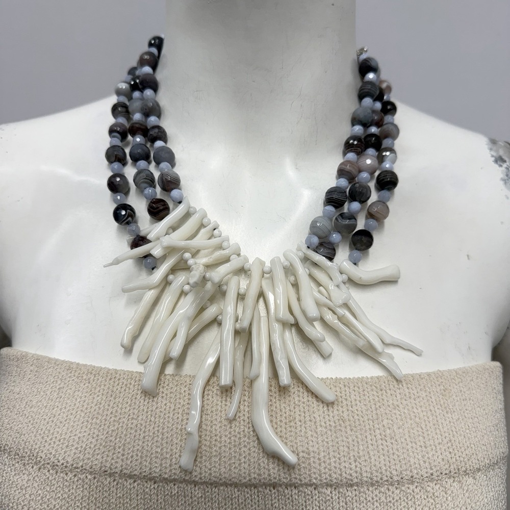 3 Strand Boswana Agate Chalcedony White Coral Branch Sterling Necklace NWT $355